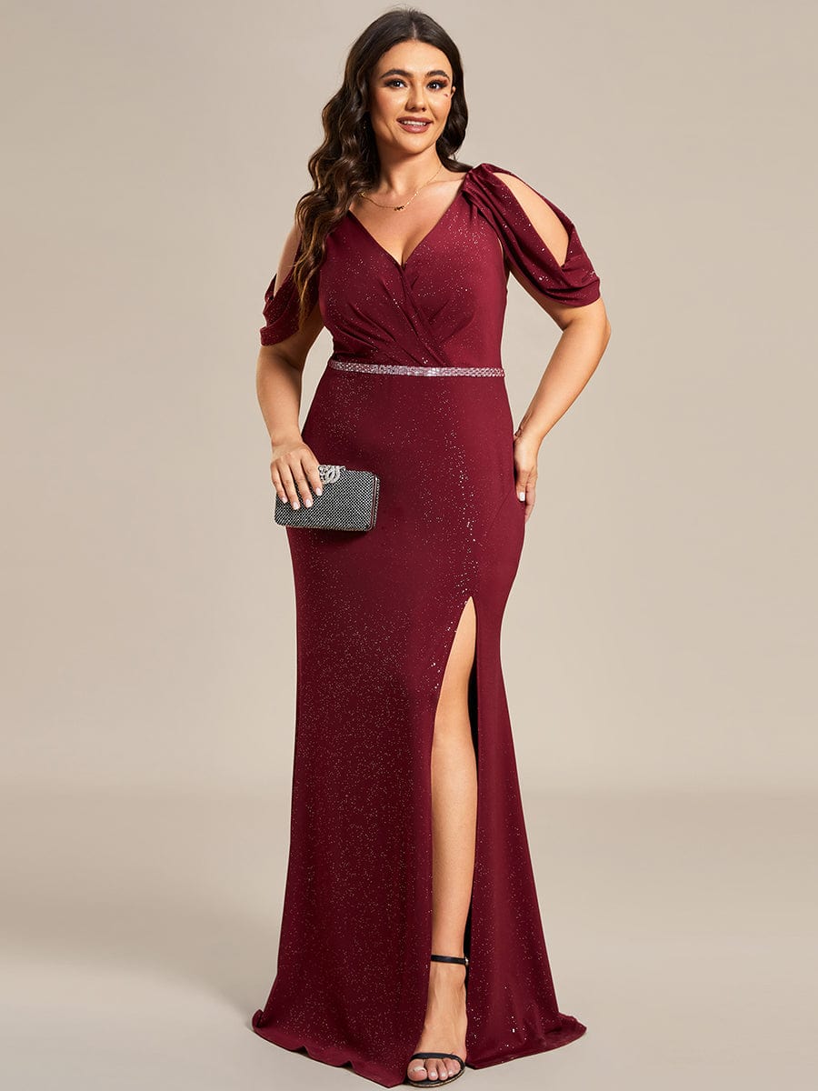 Plus Size Sparkly Glitter Cold Shoulder Shiny Belt Backless Evening Dress