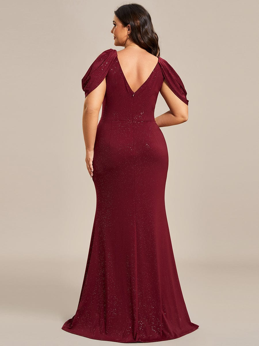 Plus Size Sparkly Glitter Cold Shoulder Shiny Belt Backless Evening Dress