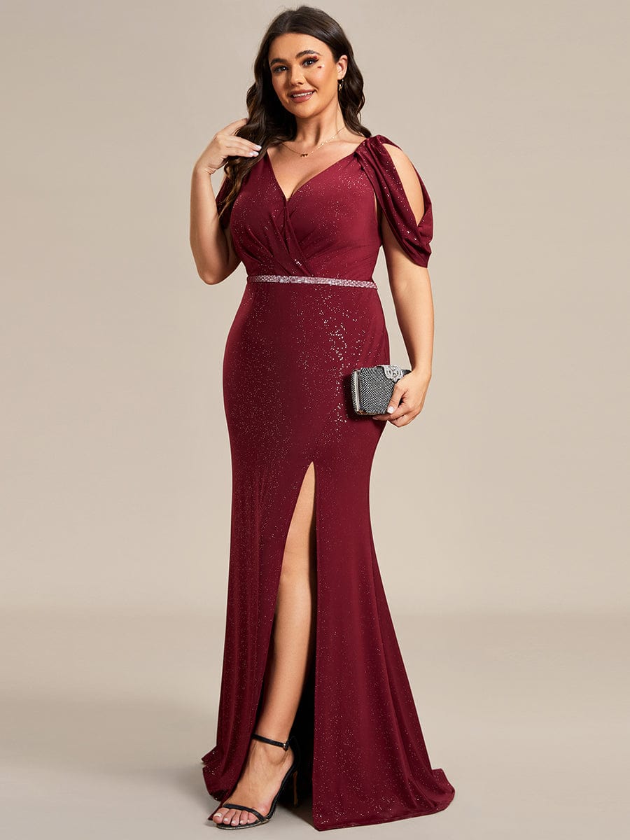 Plus Size Sparkly Glitter Cold Shoulder Shiny Belt Backless Evening Dress