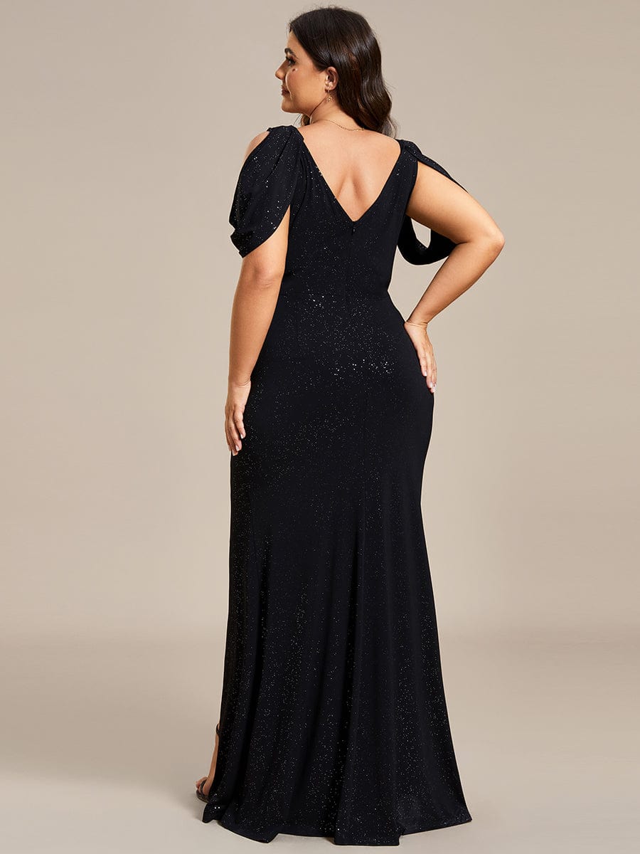 Plus Size Sparkly Glitter Cold Shoulder Shiny Belt Backless Evening Dress