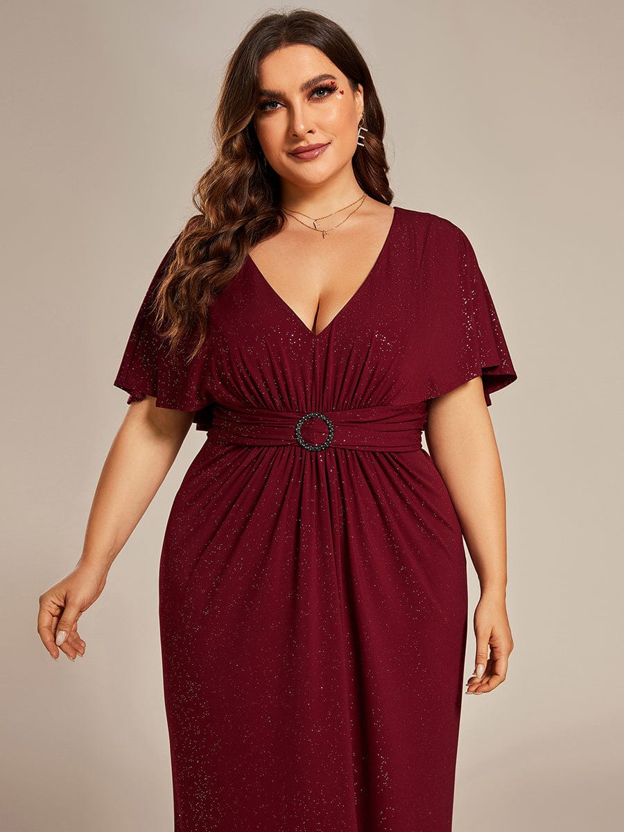 Plus Size Glitter Bat-Wing Sleeve Waist-Cinching Mermaid Evening Dress