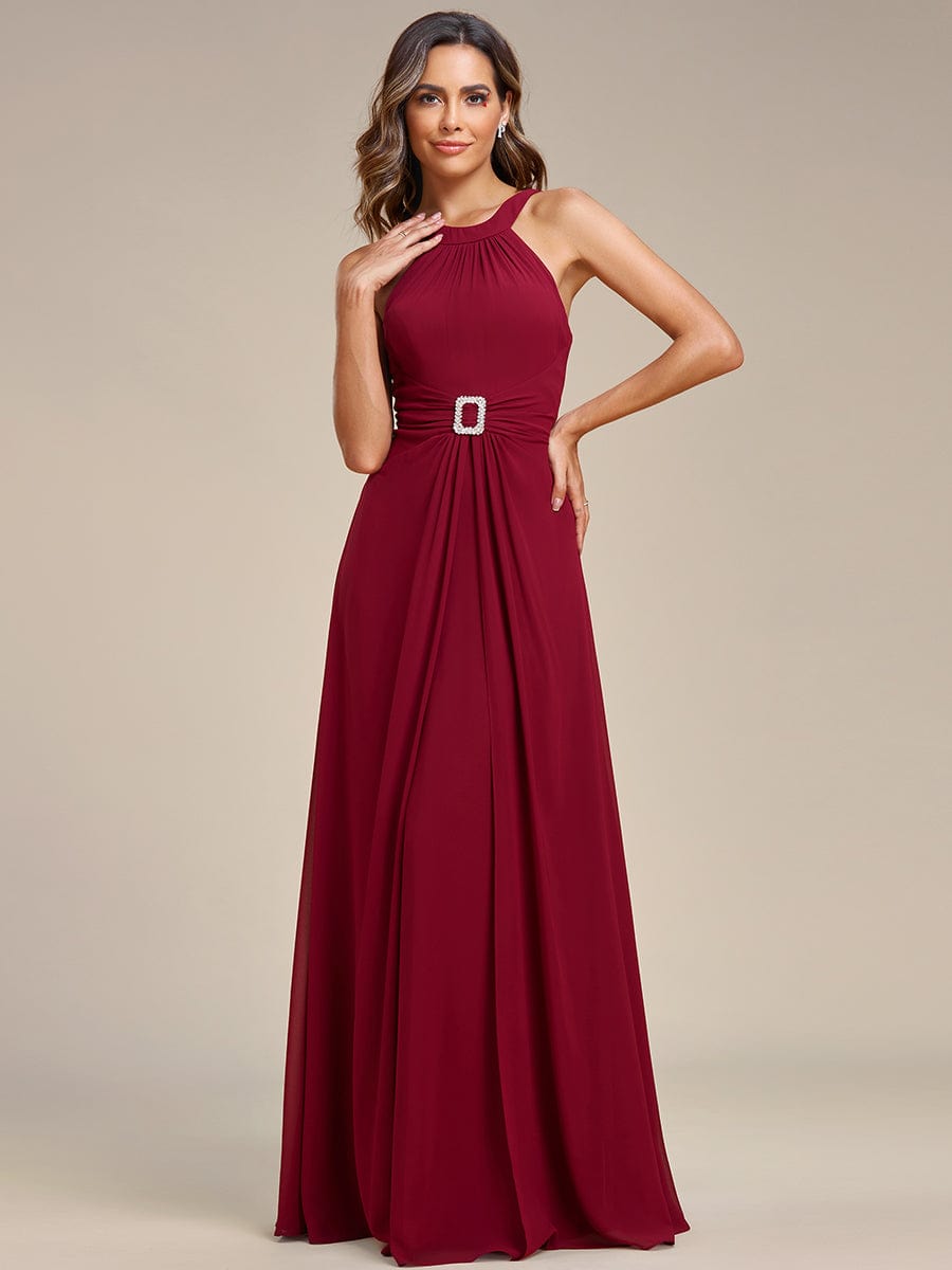 Halter Neck Pleated Chiffon Waist Buckle Decoration Maxi Evening Dress