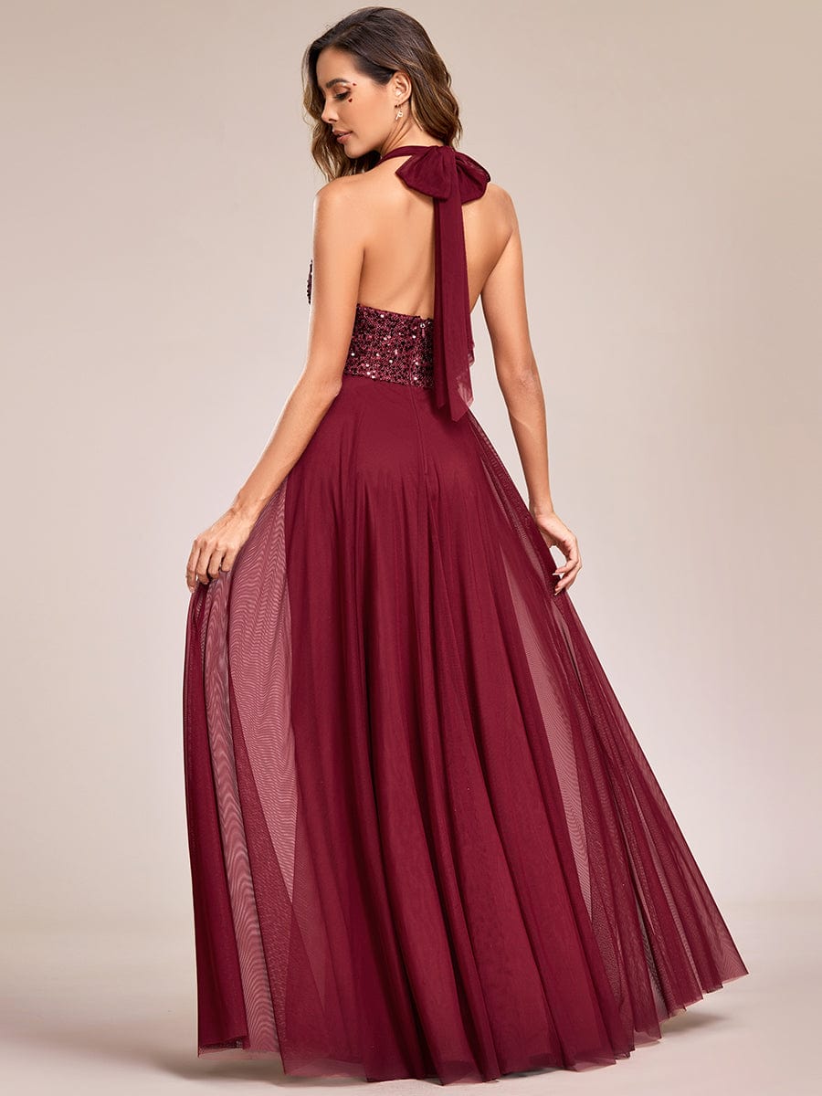 Sequin Halter Neck Top A-Line Backless Evening Dress with Tulle