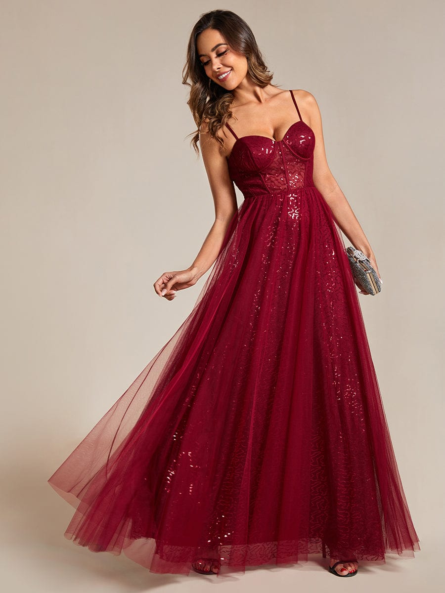 Spaghetti Straps Illusion Sleeveless A-Line Sequin Evening Dress with Tulle Cover