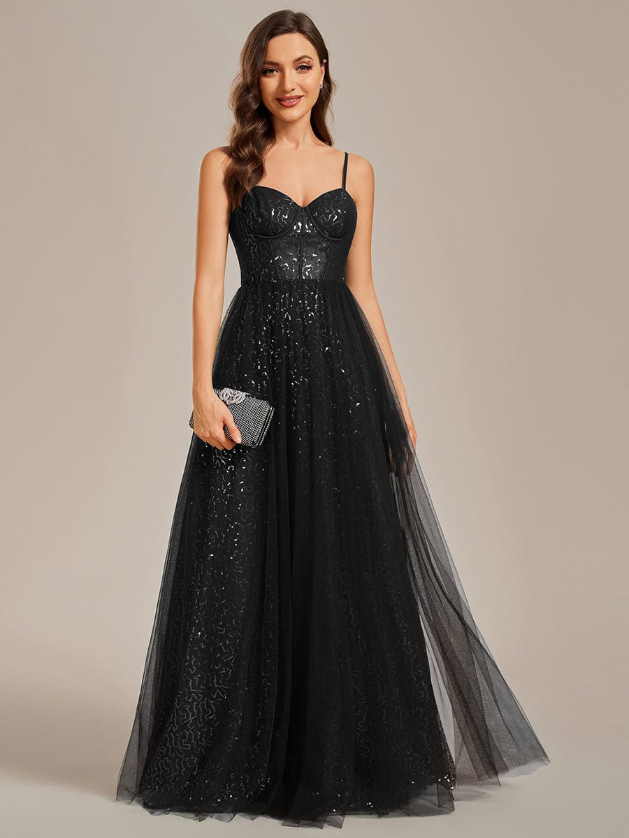 Spaghetti Straps Illusion Sleeveless A-Line Sequin Evening Dress with Tulle Cover