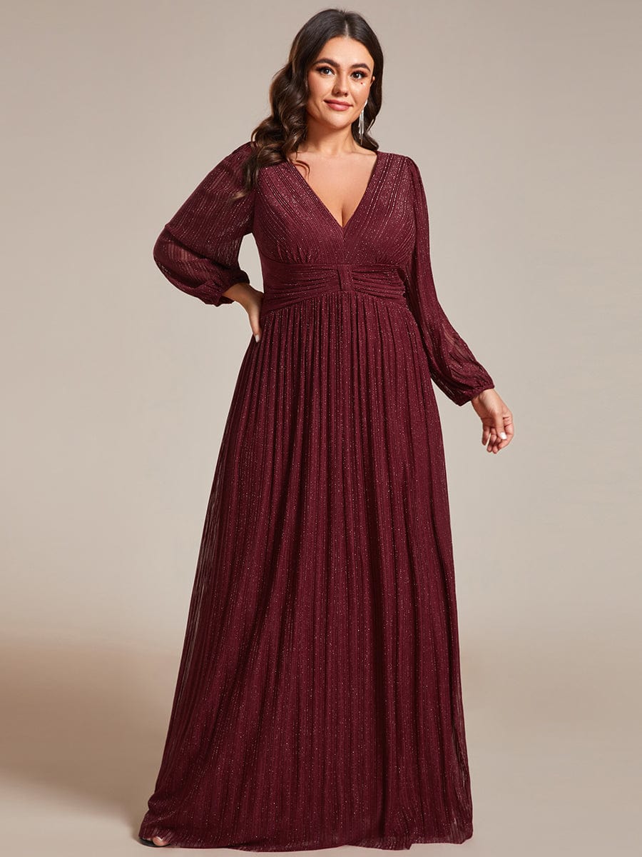 Plus Size V Neck Tulle Formal Evening Dress with Ruffle Sleeves