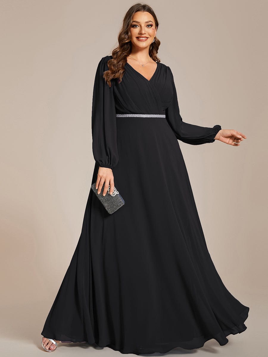 Pleated Double V-Neck Long Sleeves Shiny Belt Chiffon Evening Dress