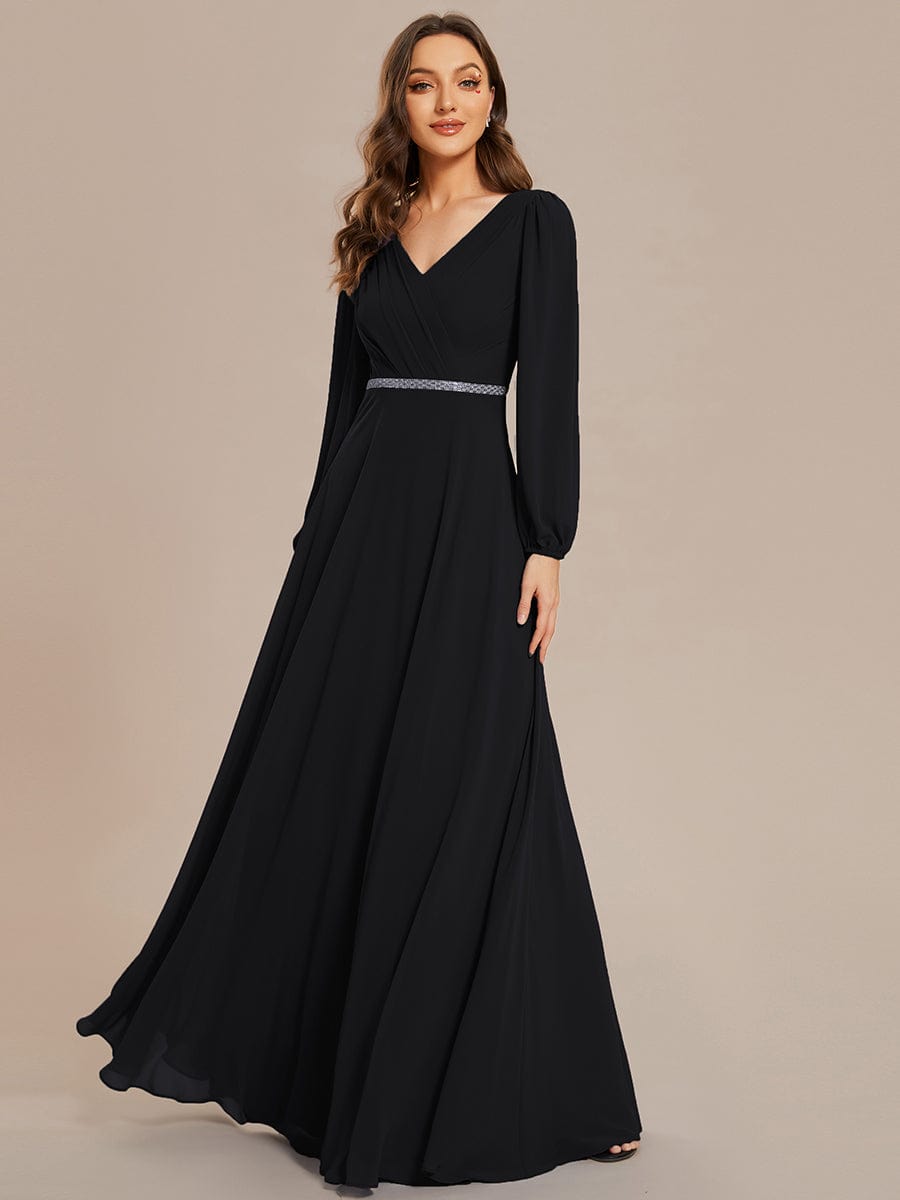 Pleated Double V-Neck Long Sleeves Shiny Belt Chiffon Evening Dress