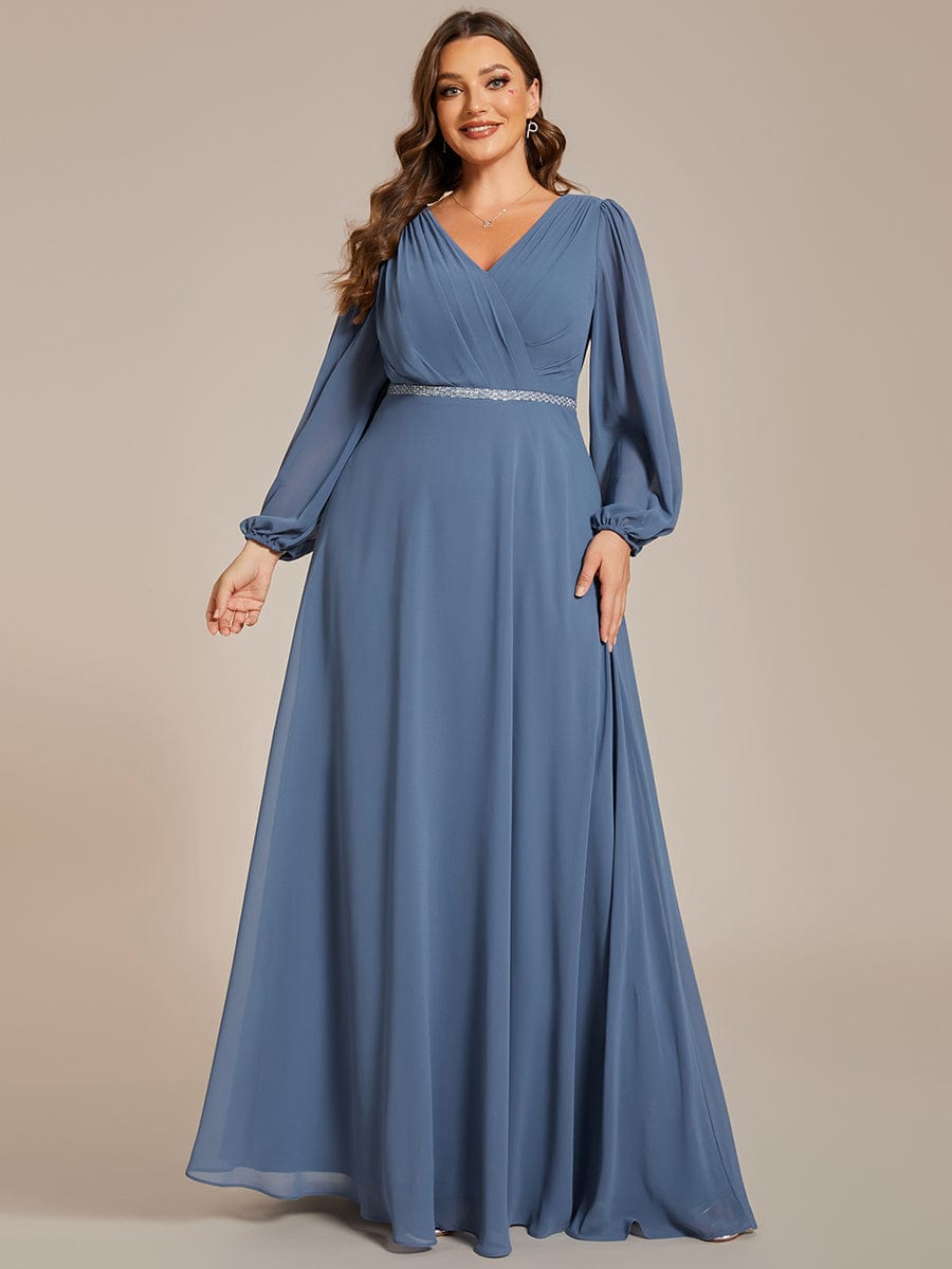 Plus Size A-Line V-Neck See-Through Long Sleeves Shiny Belt Chiffon Evening Dress