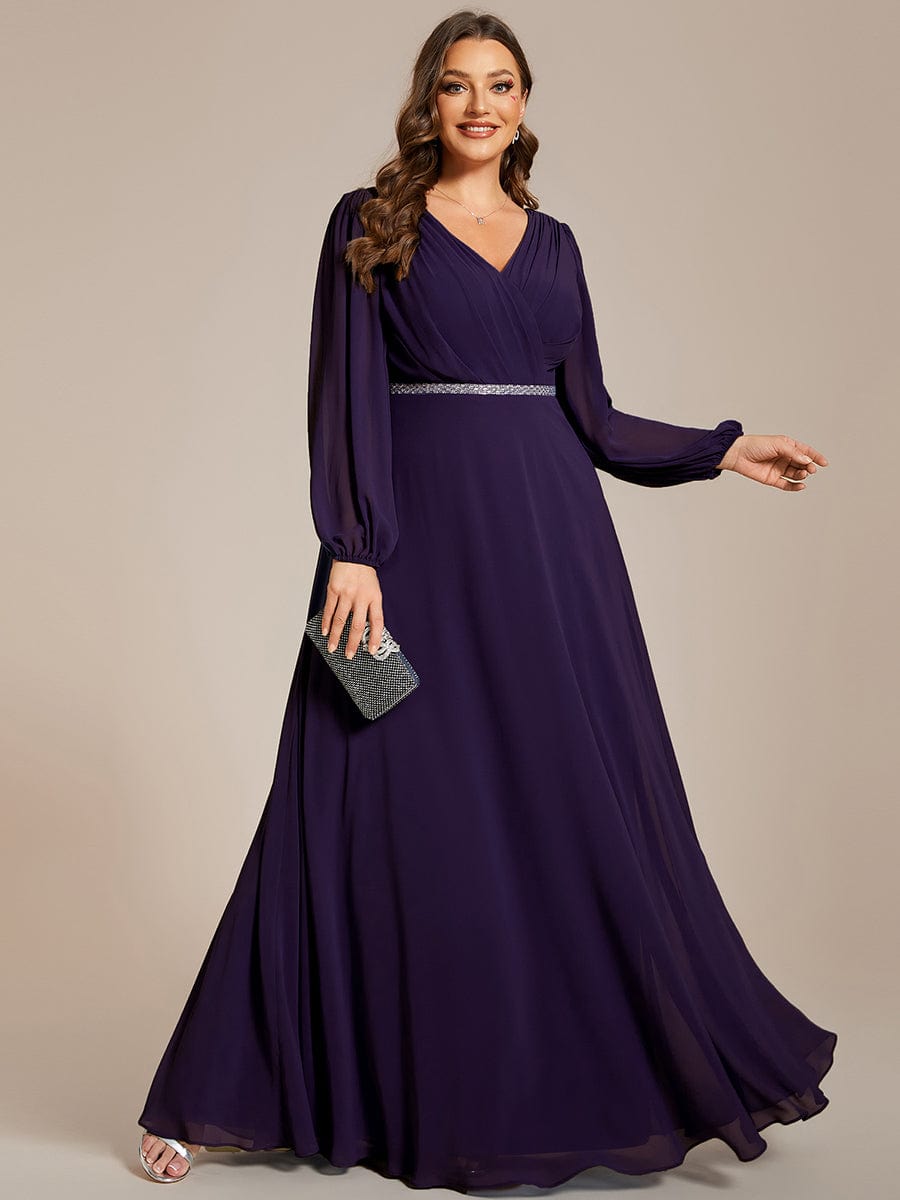 Pleated Double V-Neck Long Sleeves Shiny Belt Chiffon Evening Dress