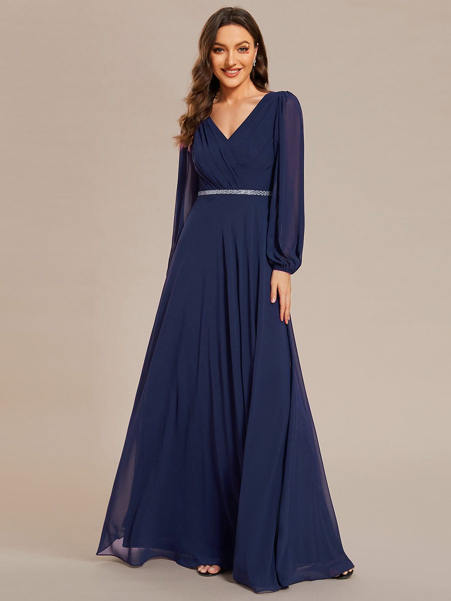 Pleated Double V-Neck Long Sleeves Shiny Belt Chiffon Evening Dress