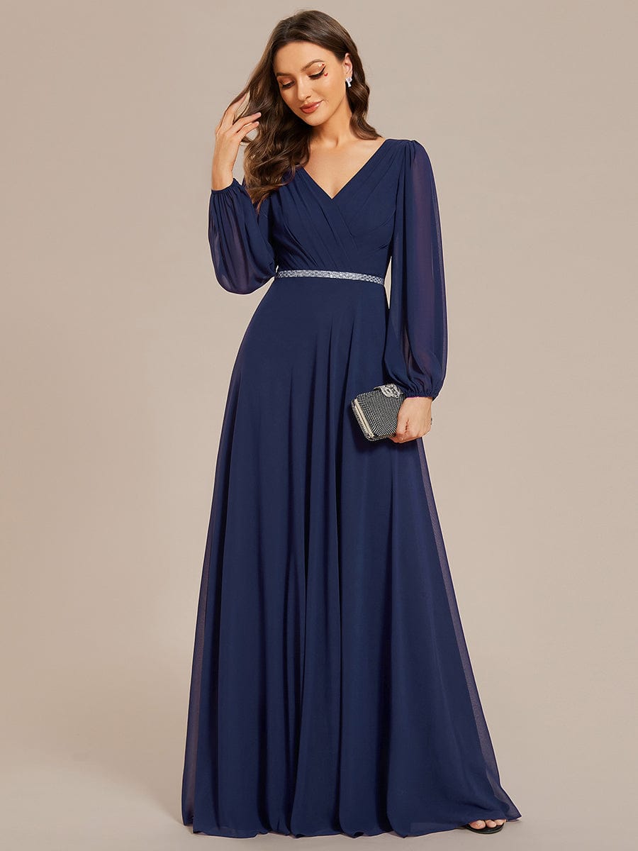 Pleated Double V-Neck Long Sleeves Shiny Belt Chiffon Evening Dress