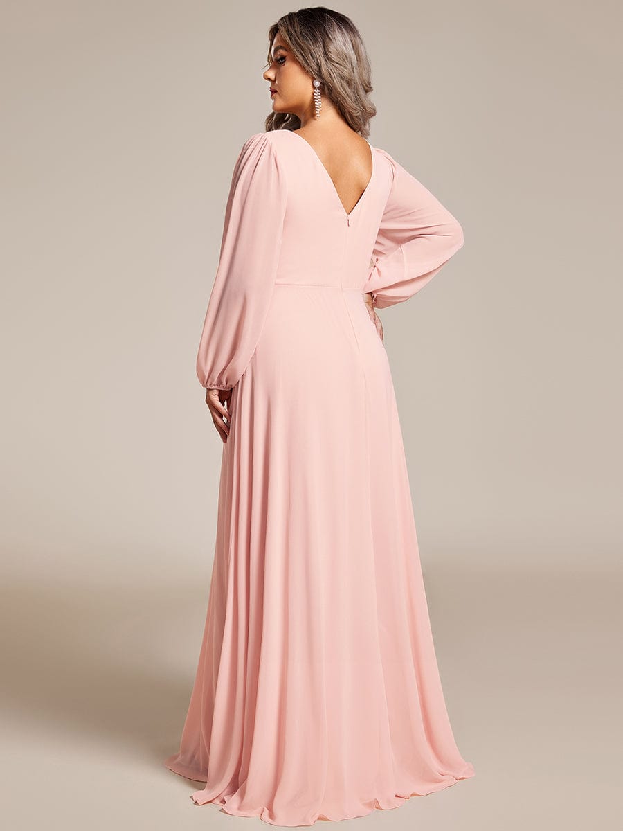 Pleated Double V-Neck Long Sleeves Shiny Belt Chiffon Evening Dress