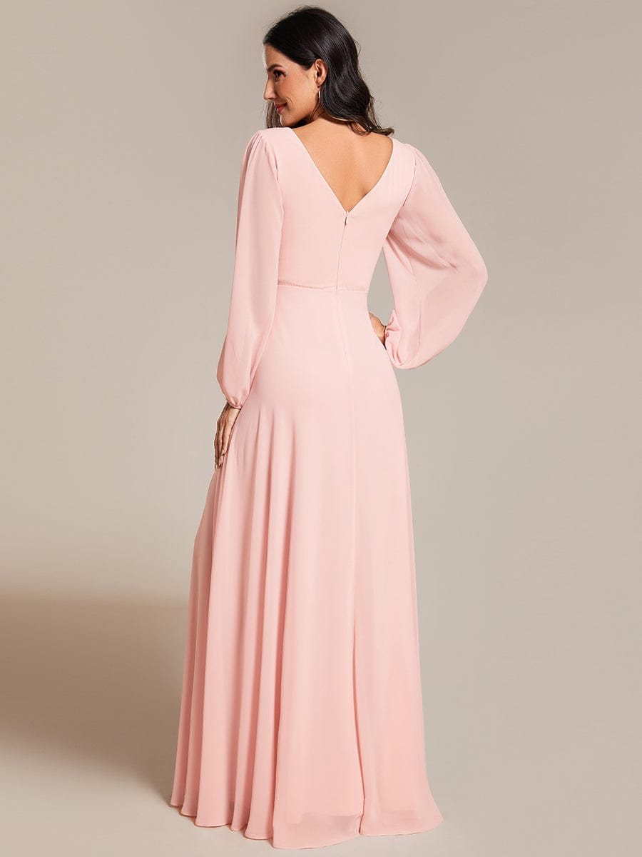 Pleated Double V-Neck Long Sleeves Shiny Belt Chiffon Evening Dress