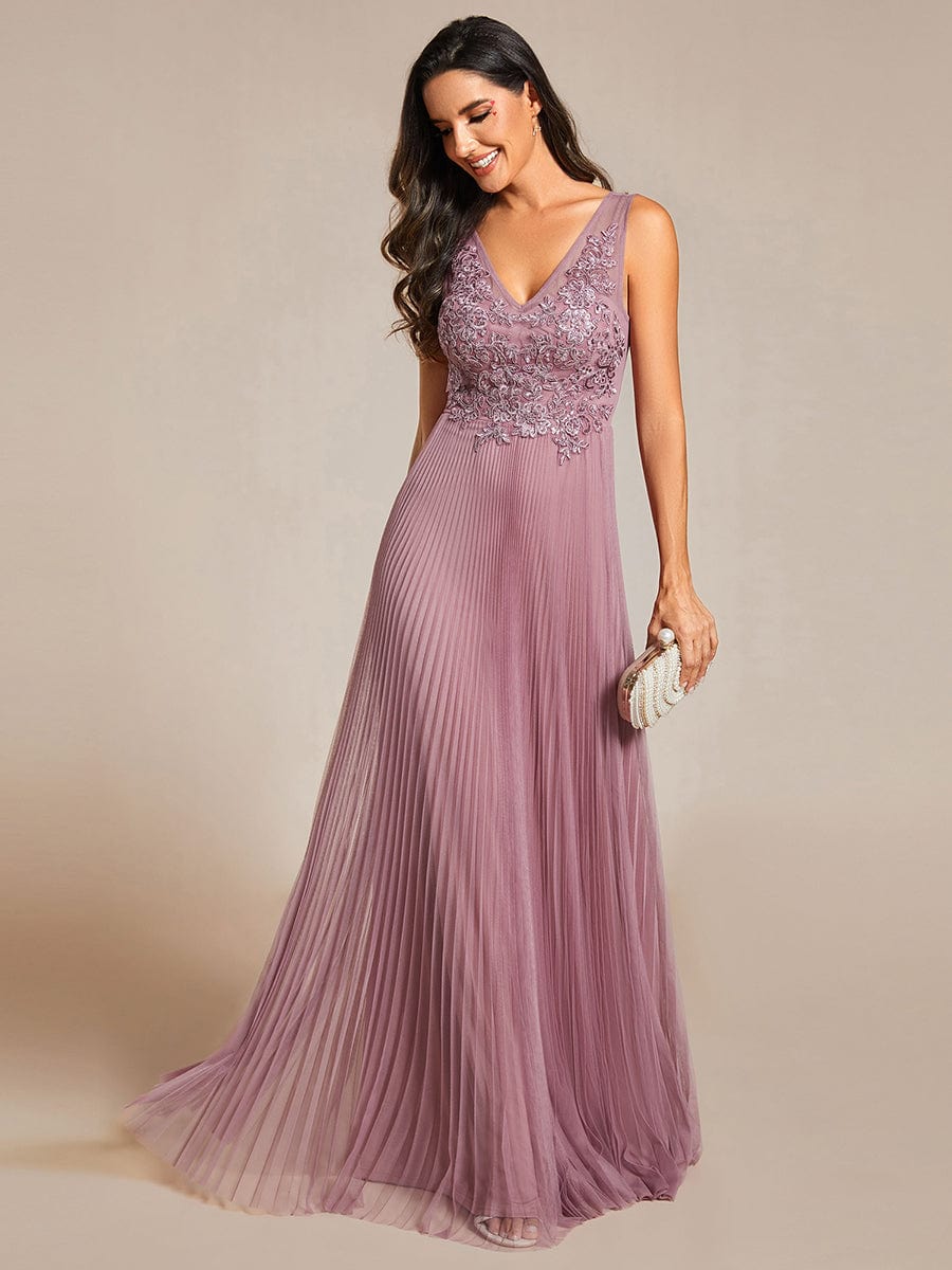 Exquisite Applique Embroidery Bodice Sleeveless A-Line Tulle Evening Dress