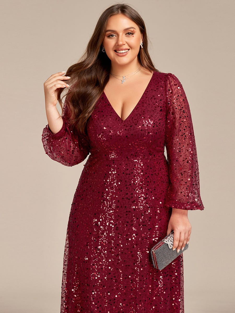 Shimmering All Over V-Neck Long Lantern Sleeve Sequin A-Line Evening Dress