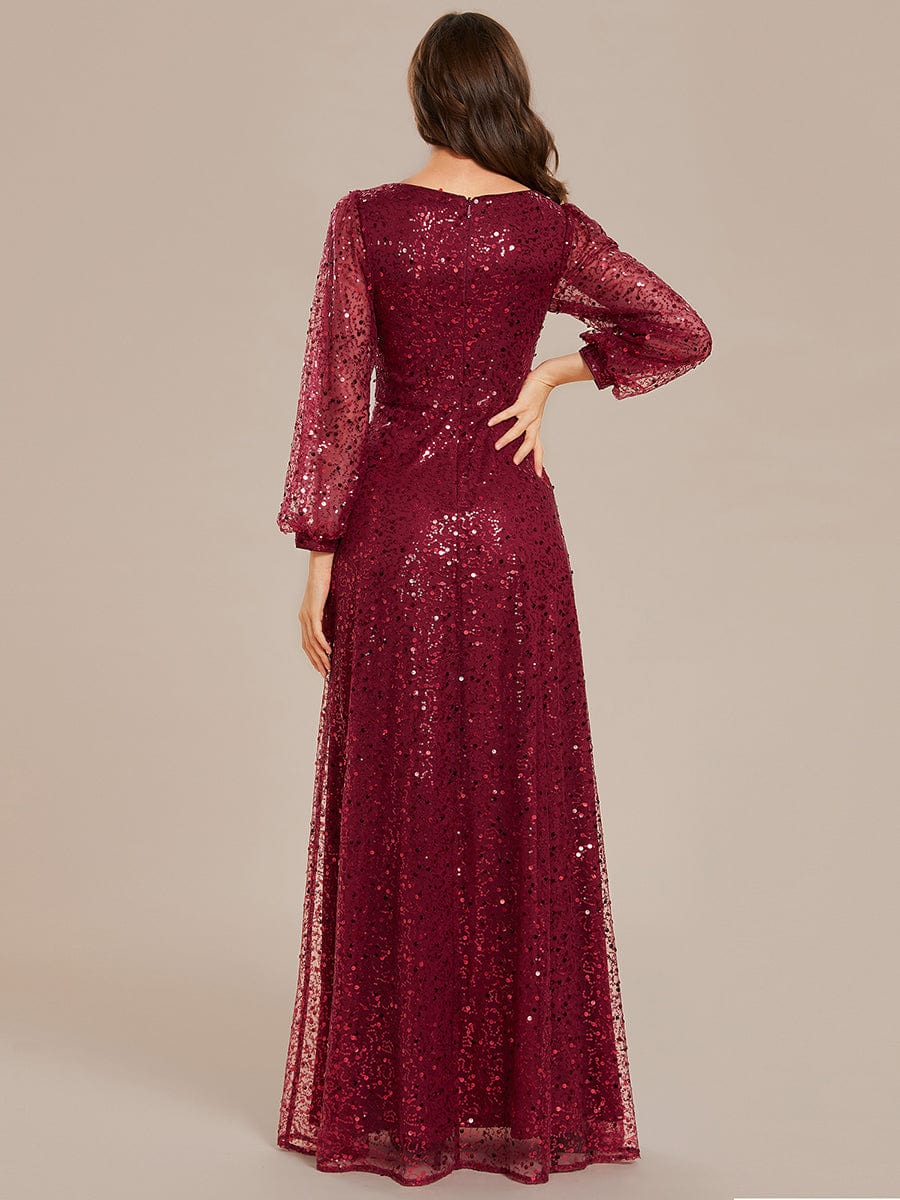 Shimmering All Over V-Neck Long Lantern Sleeve Sequin A-Line Evening Dress