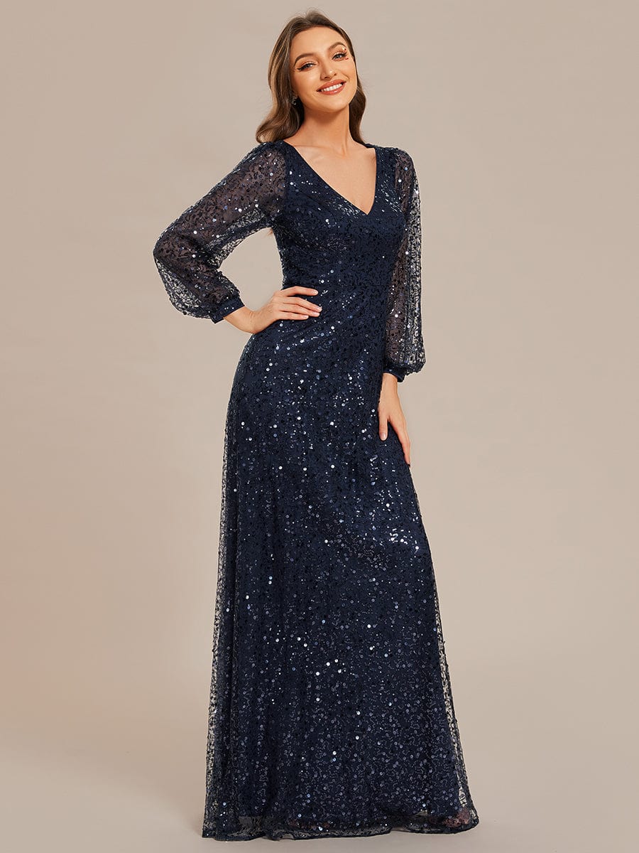 Shimmering All Over V-Neck Long Lantern Sleeve Sequin A-Line Evening Dress