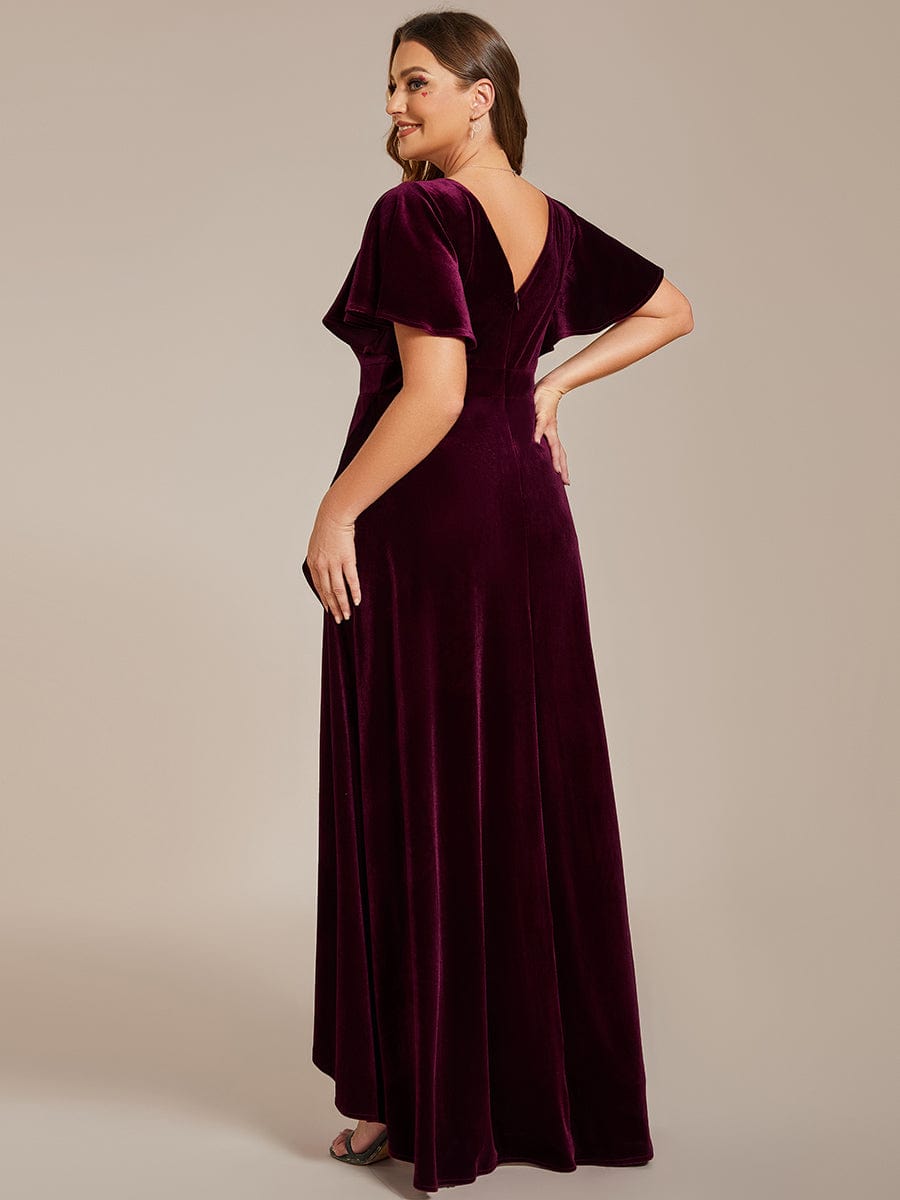 Plus Size Lotus Leaf Hem A-Line V-Neck Ruffles Sleeve Velvet Evening Dress