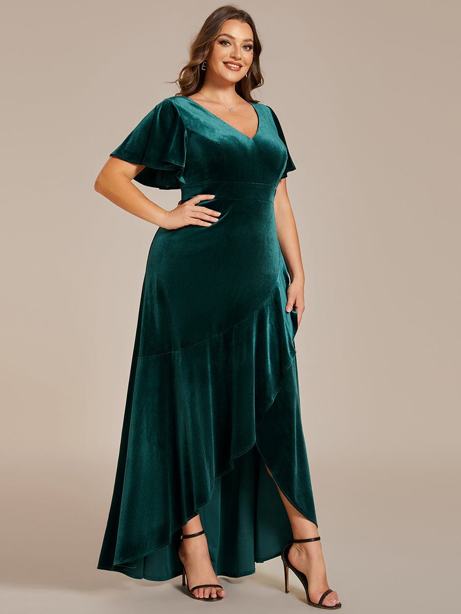 Plus Size Lotus Leaf Hem A-Line V-Neck Ruffles Sleeve Velvet Evening Dress