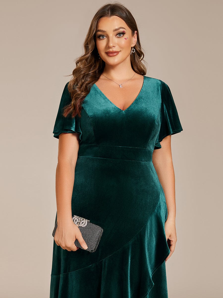 Plus Size Lotus Leaf Hem A-Line V-Neck Ruffles Sleeve Velvet Evening Dress