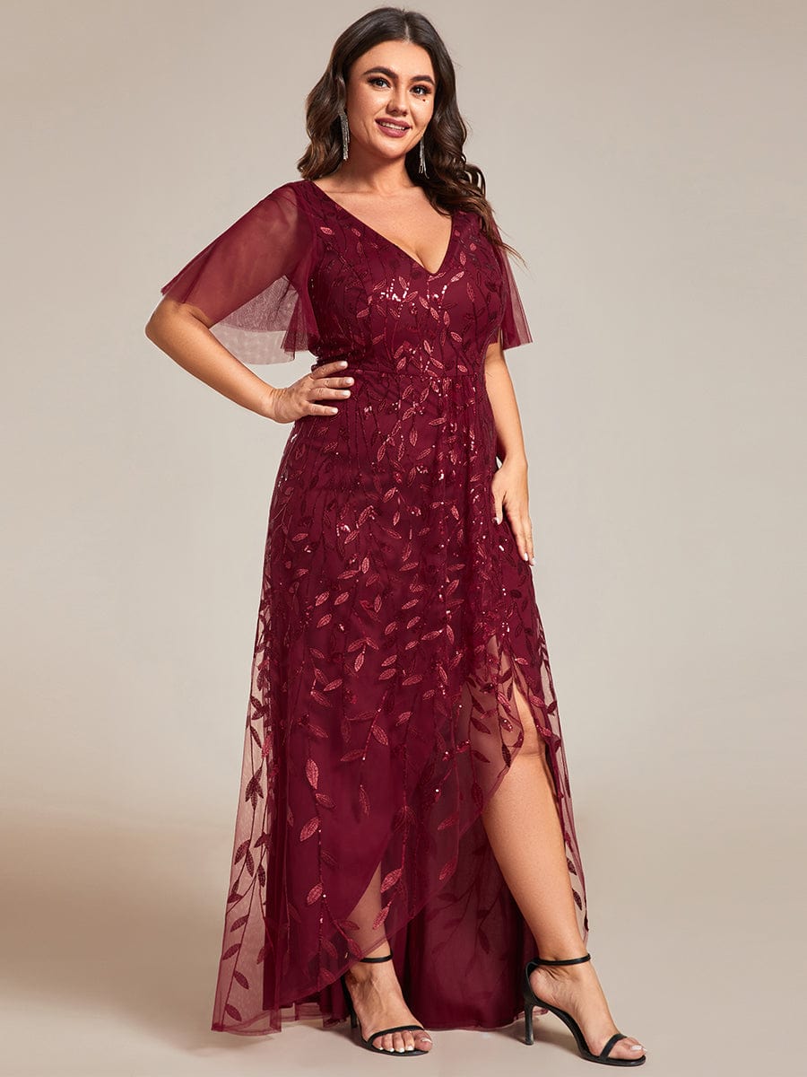 Plus Size Short Sleeves Sequin High Low V-Neck Midi Formal Evening Dress