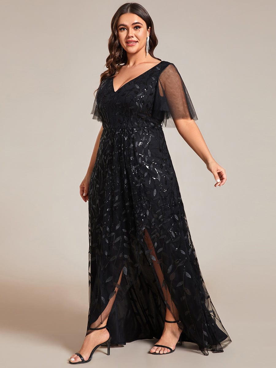 Plus Size Short Sleeves Sequin High Low V-Neck Midi Formal Evening Dress