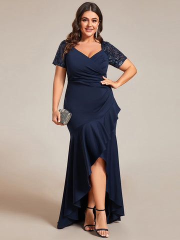 Plus Size High-Low V-Neck Bodycon Fishtail Formal Evening Dress #color_Navy Blue