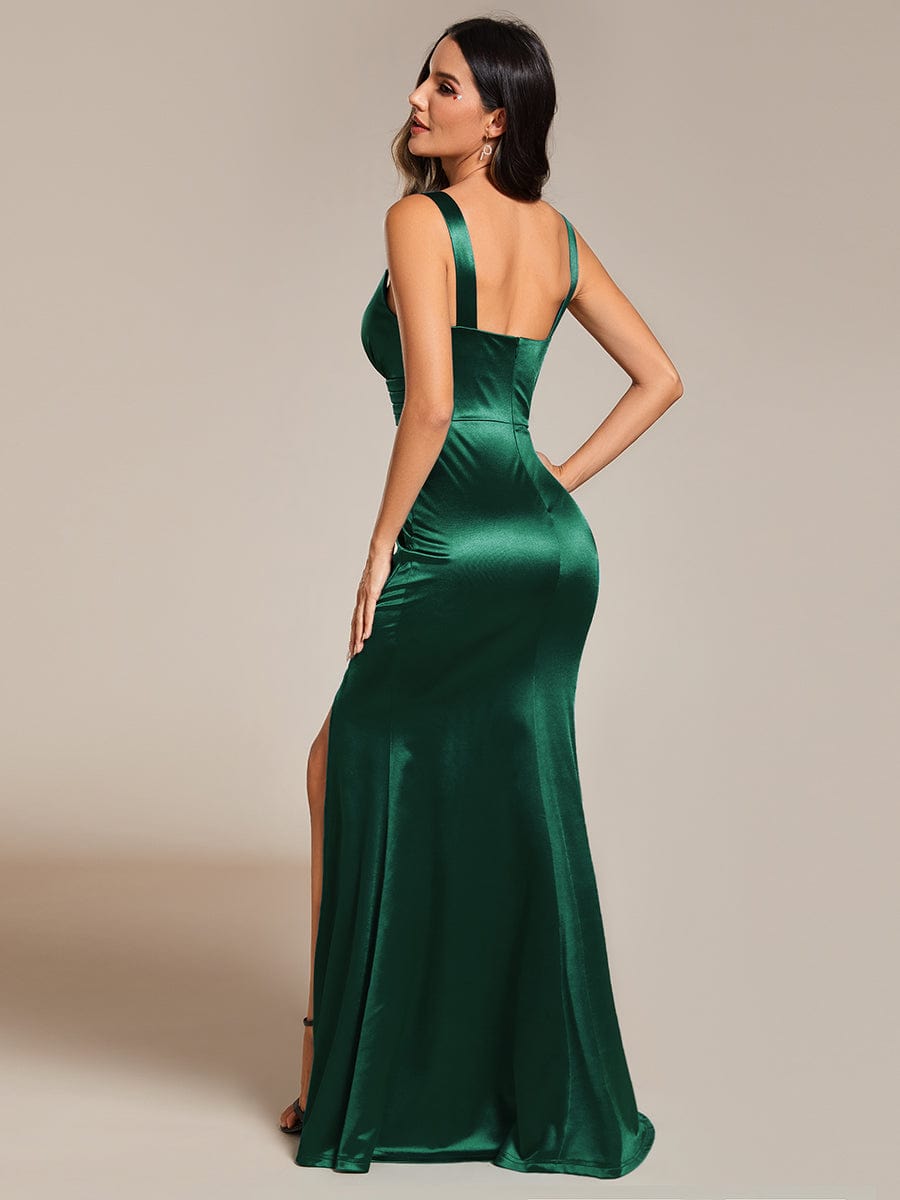 V-Neck Satin Spaghetti Strap High-Slit Fishtail Formal Evening Dress