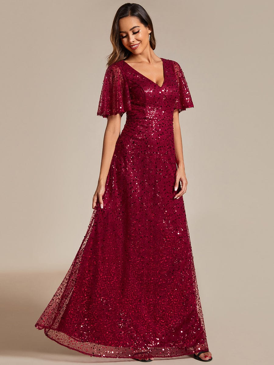 Shimmering All Over Sequin Short Sleeves A-Line Formal Evening Dress