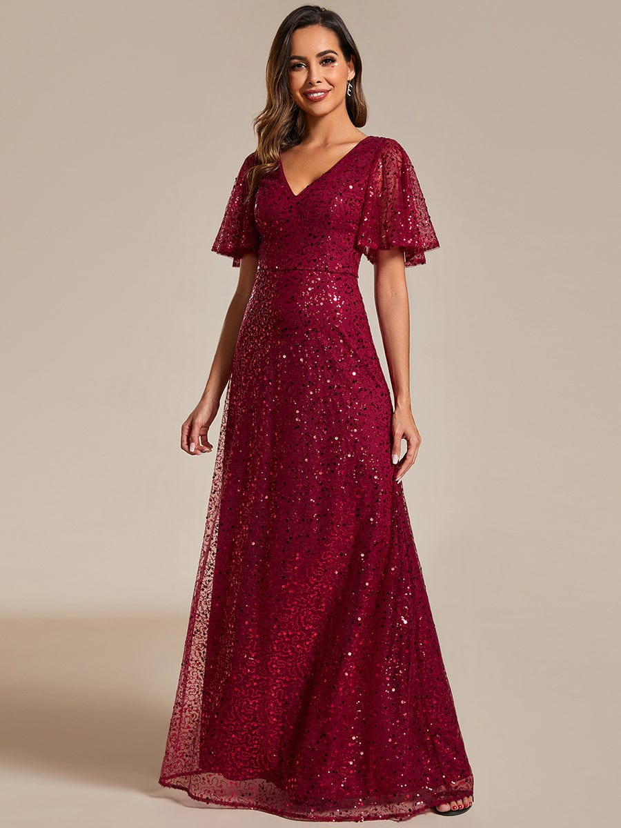 Shimmering All Over Sequin Short Sleeves A-Line Formal Evening Dress