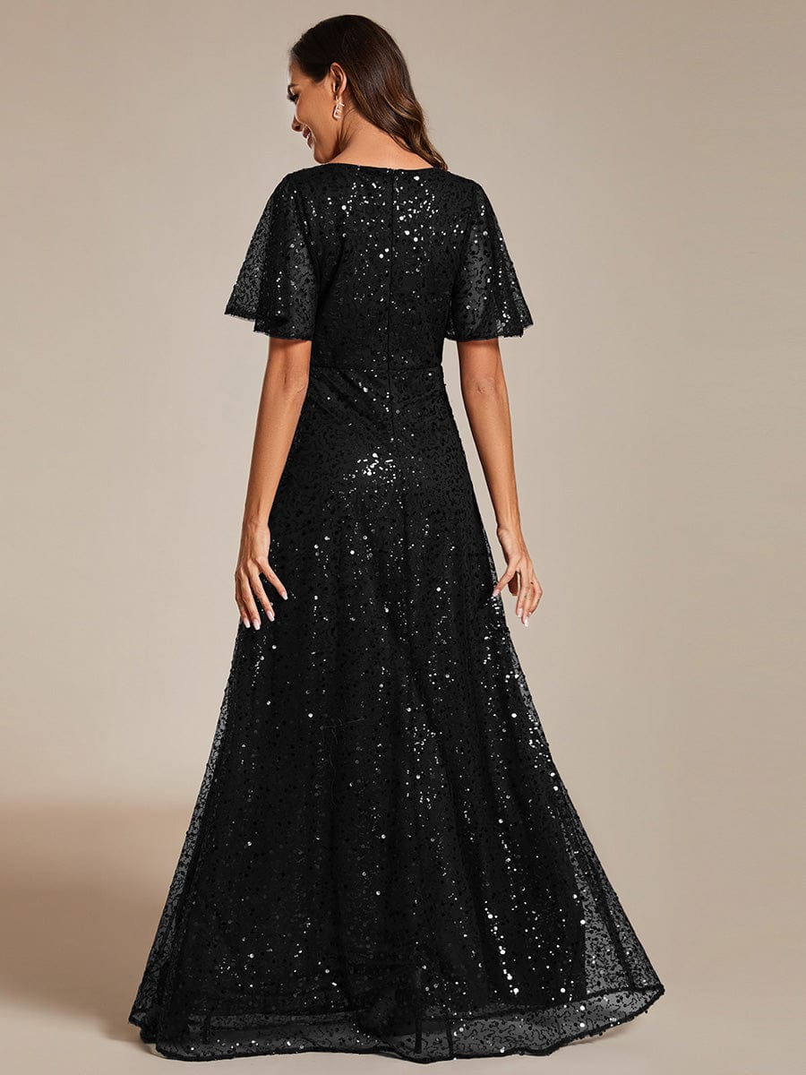 Shimmering All Over Sequin Short Sleeves A-Line Formal Evening Dress