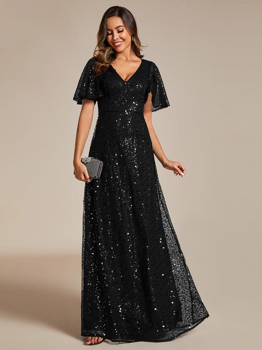 Shimmering All Over Sequin Short Sleeves A-Line Formal Evening Dress