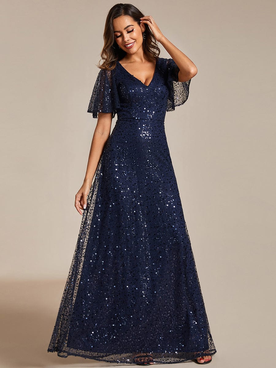 Shimmering All Over Sequin Short Sleeves A-Line Formal Evening Dress