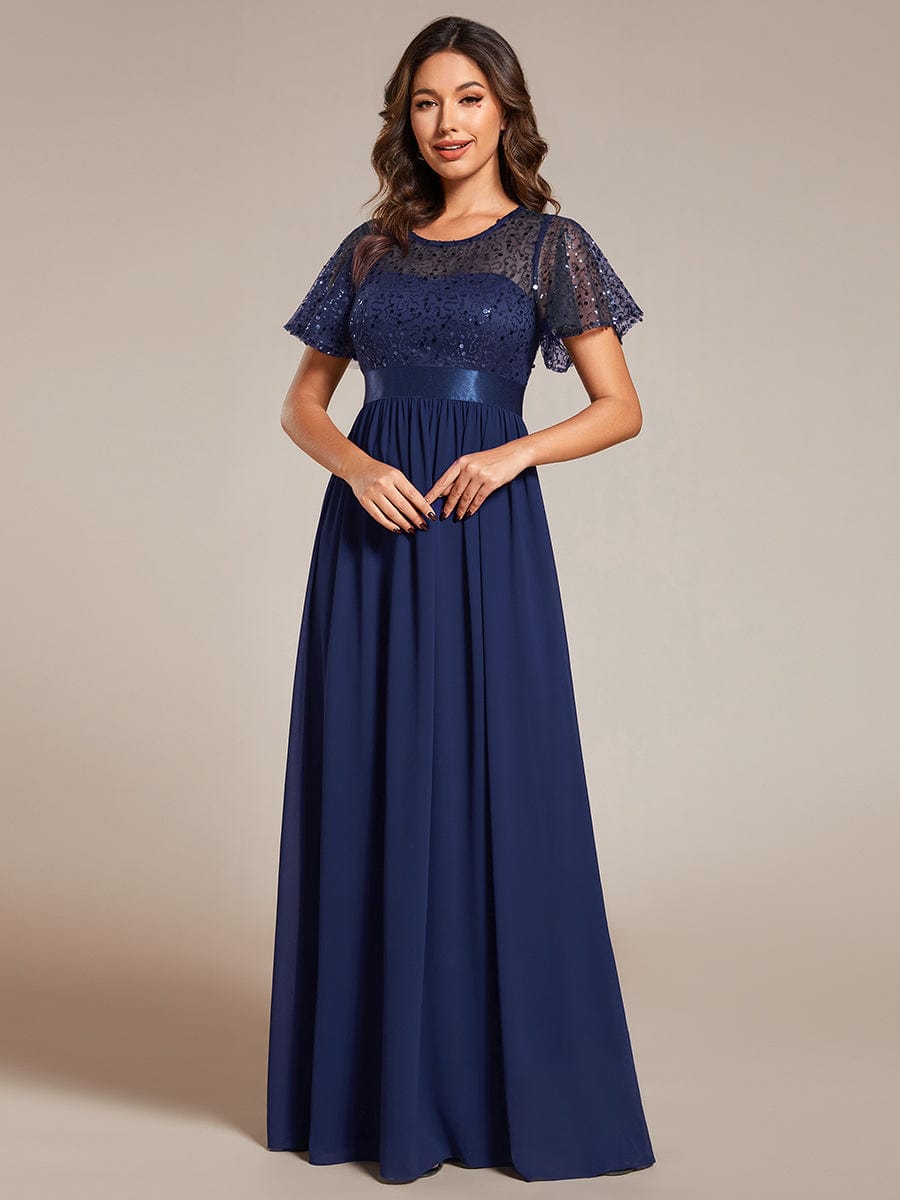 Round-Neck Sequin High Waist Short-Sleeved Formal Evening Dress