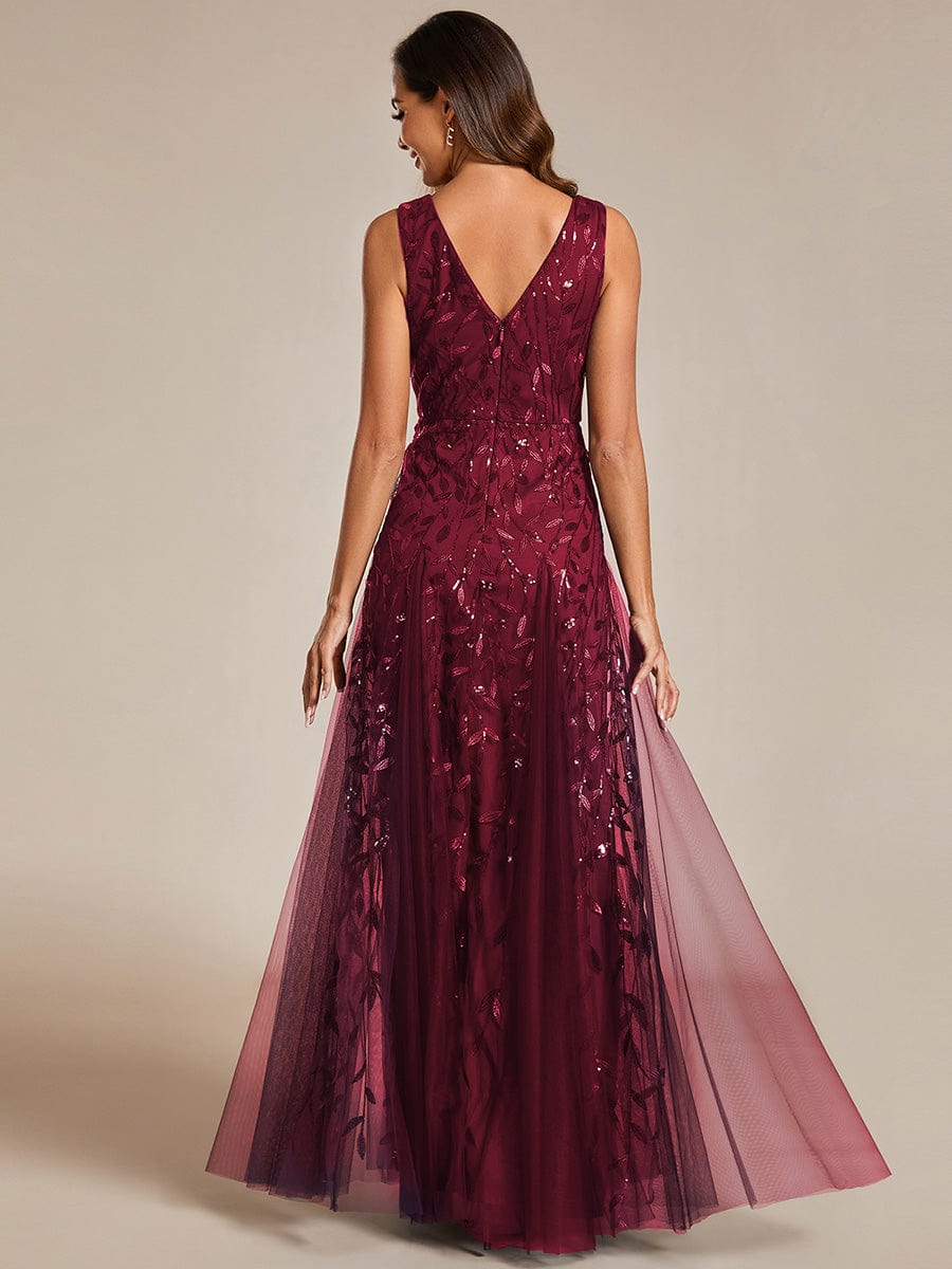 V-Neck Leaf Sequin Sleeveless A-Line Formal Evening Dress with Tulle