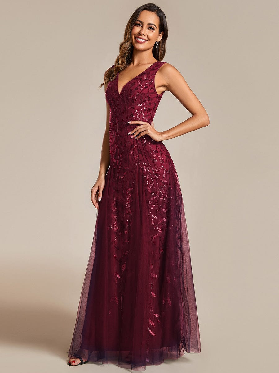 V-Neck Leaf Sequin Sleeveless A-Line Formal Evening Dress with Tulle