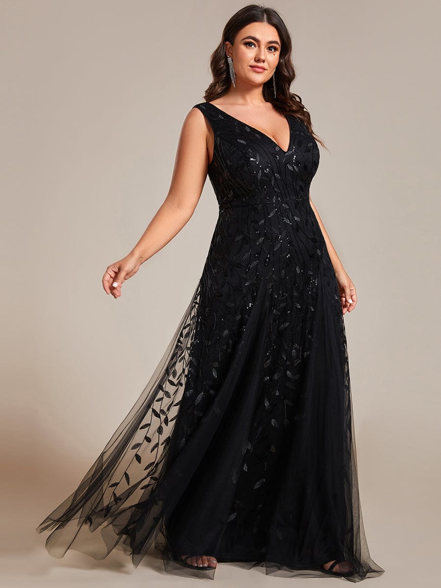 Plus Size Sparkling Sleeveless Leaf Sequin A-Line Formal Evening Dress