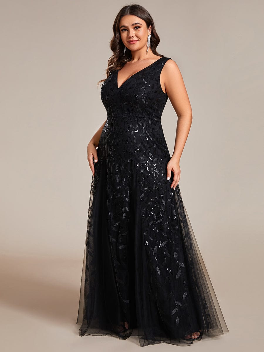 Plus Size Sparkling Sleeveless Leaf Sequin A-Line Formal Evening Dress