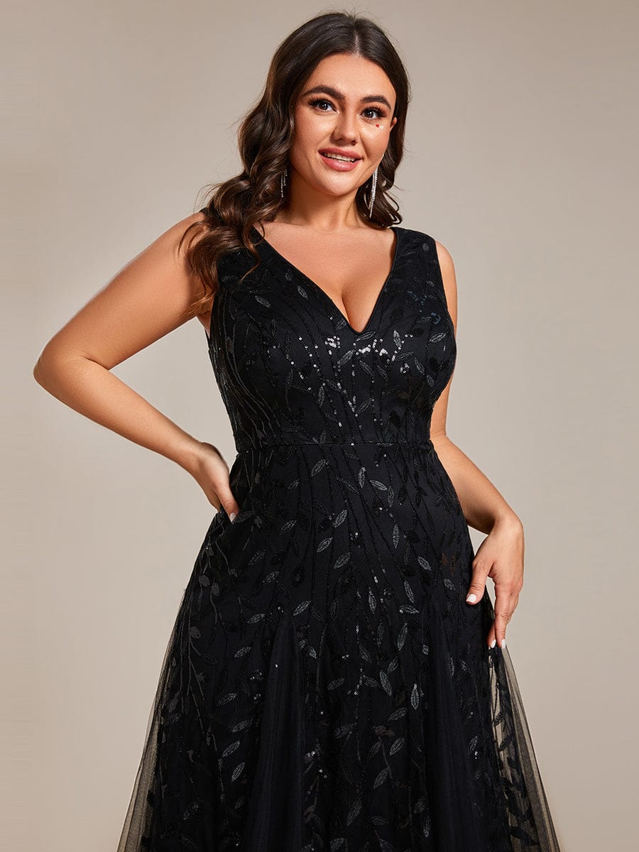 Plus Size Sparkling Sleeveless Leaf Sequin A-Line Formal Evening Dress