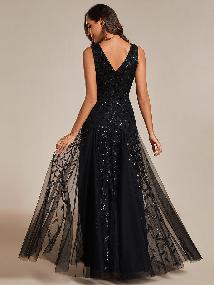 V-Neck Leaf Sequin Sleeveless A-Line Formal Evening Dress with Tulle