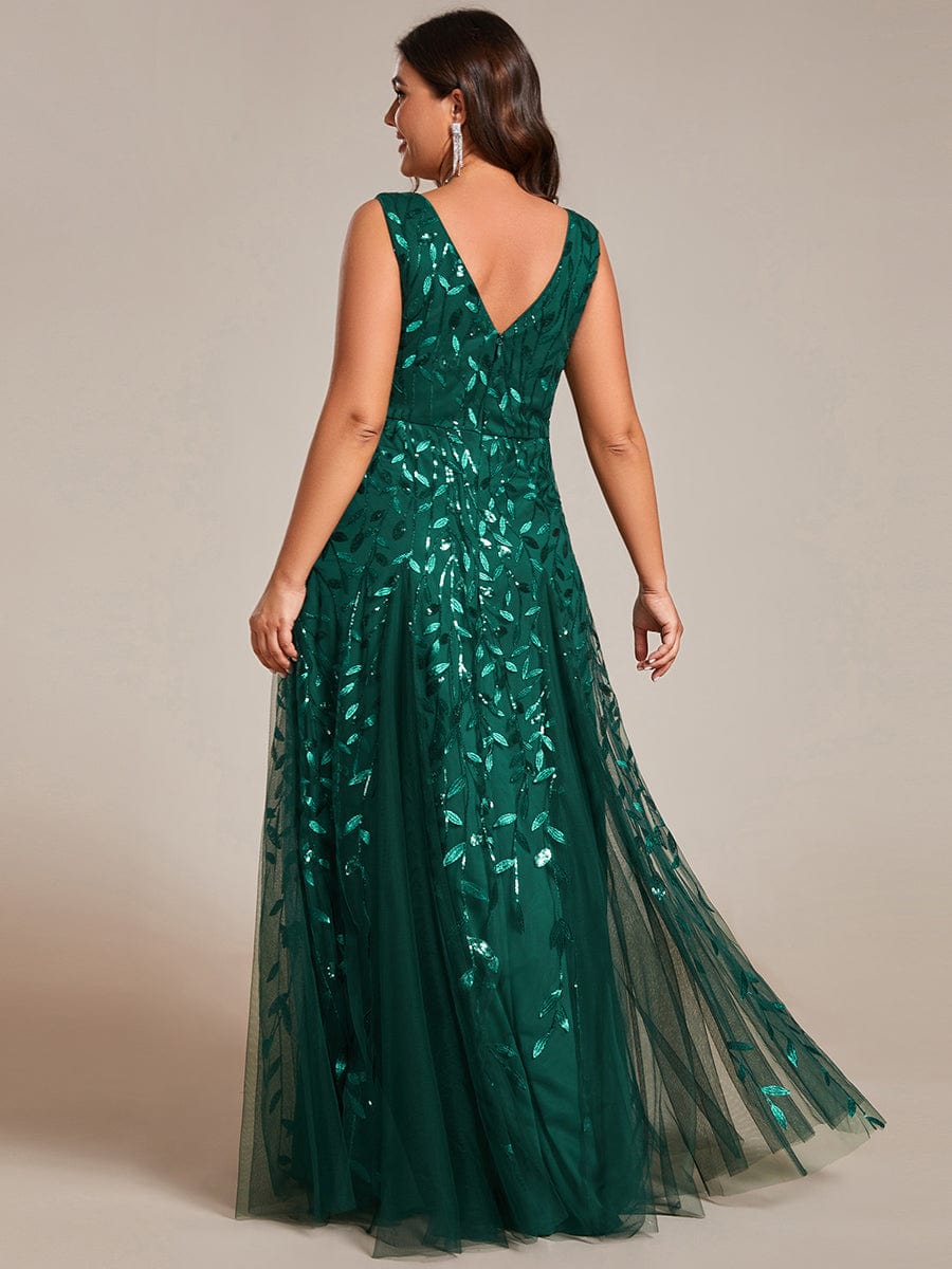 Plus Size Sparkling Sleeveless Leaf Sequin A-Line Formal Evening Dress