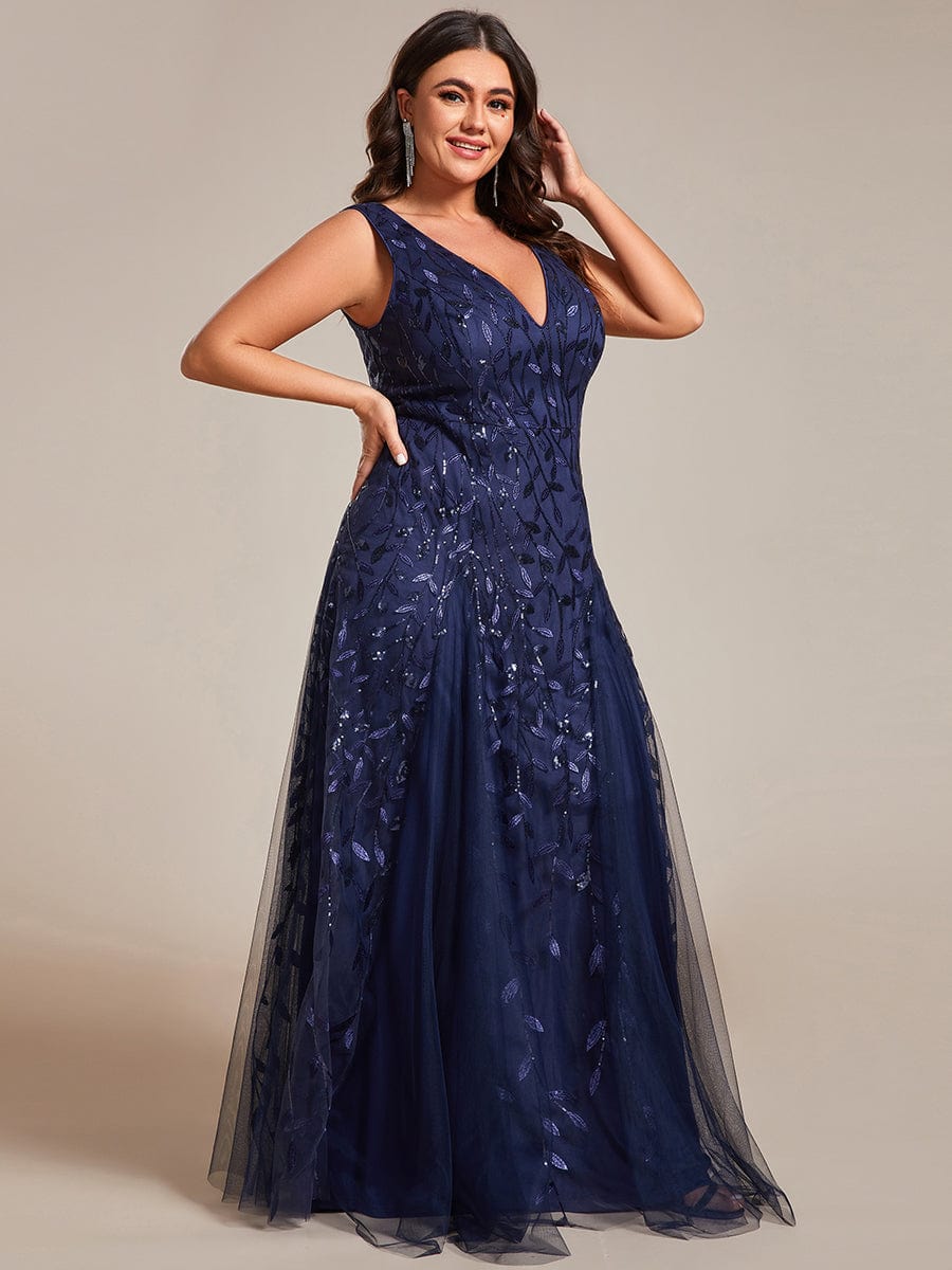 V-Neck Leaf Sequin Sleeveless A-Line Formal Evening Dress with Tulle