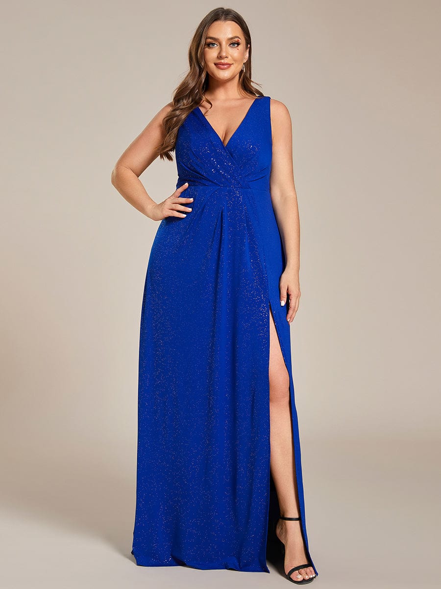 Plus Size Shiny V Neck Side Slit Formal Evening Dress