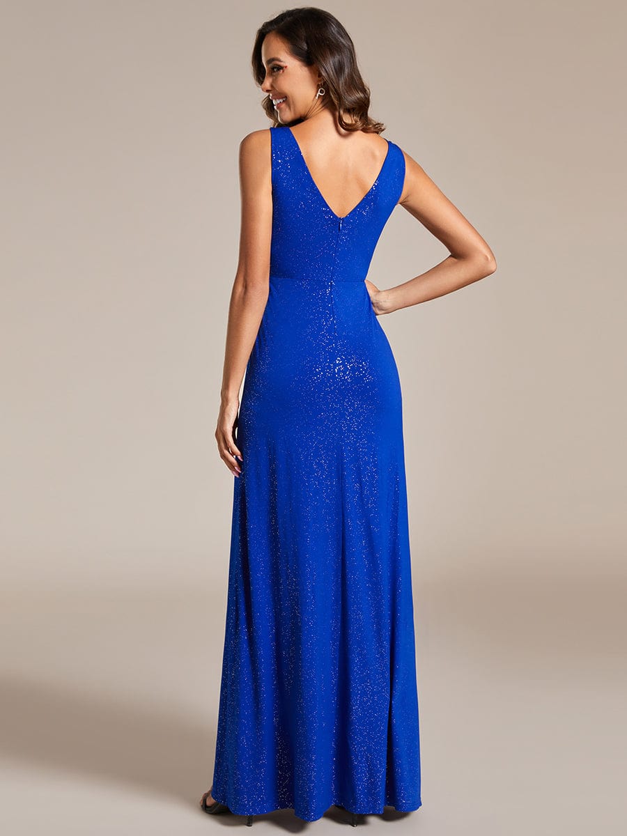 Glittery Sleeveless Double V-Neck Side Slit A-Line Formal Evening Dress