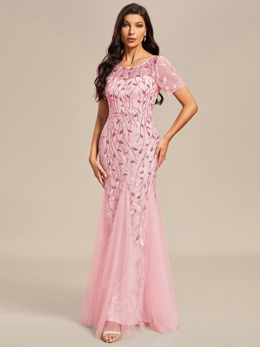 Floral Sequin Maxi Fishtail Tulle Prom Dress with Short Sleeve