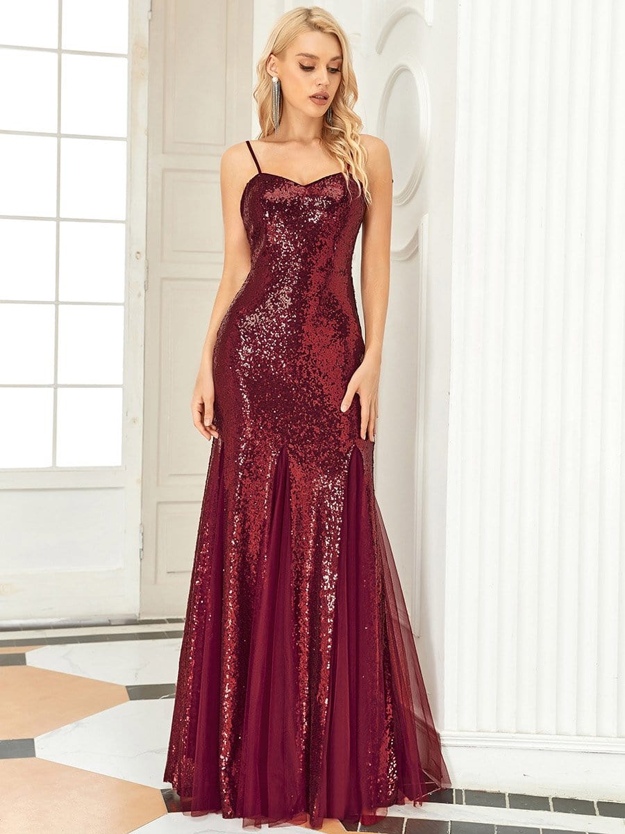 Color=Burgundy | Sequin & Sheer Spaghetti Strap Fishtail Evening Dress-Burgundy 1
