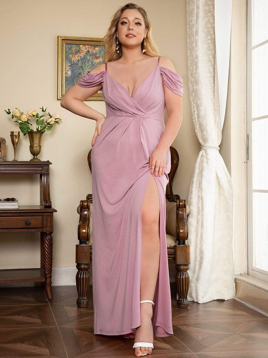 Plus Size V-Neck Cold Shoulder Floor-Length Evening Dress