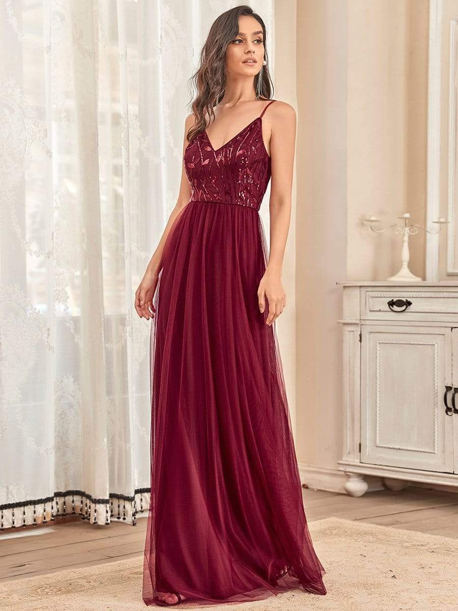 Soft Spaghetti Straps V-Neck Embroidery Evening Dress