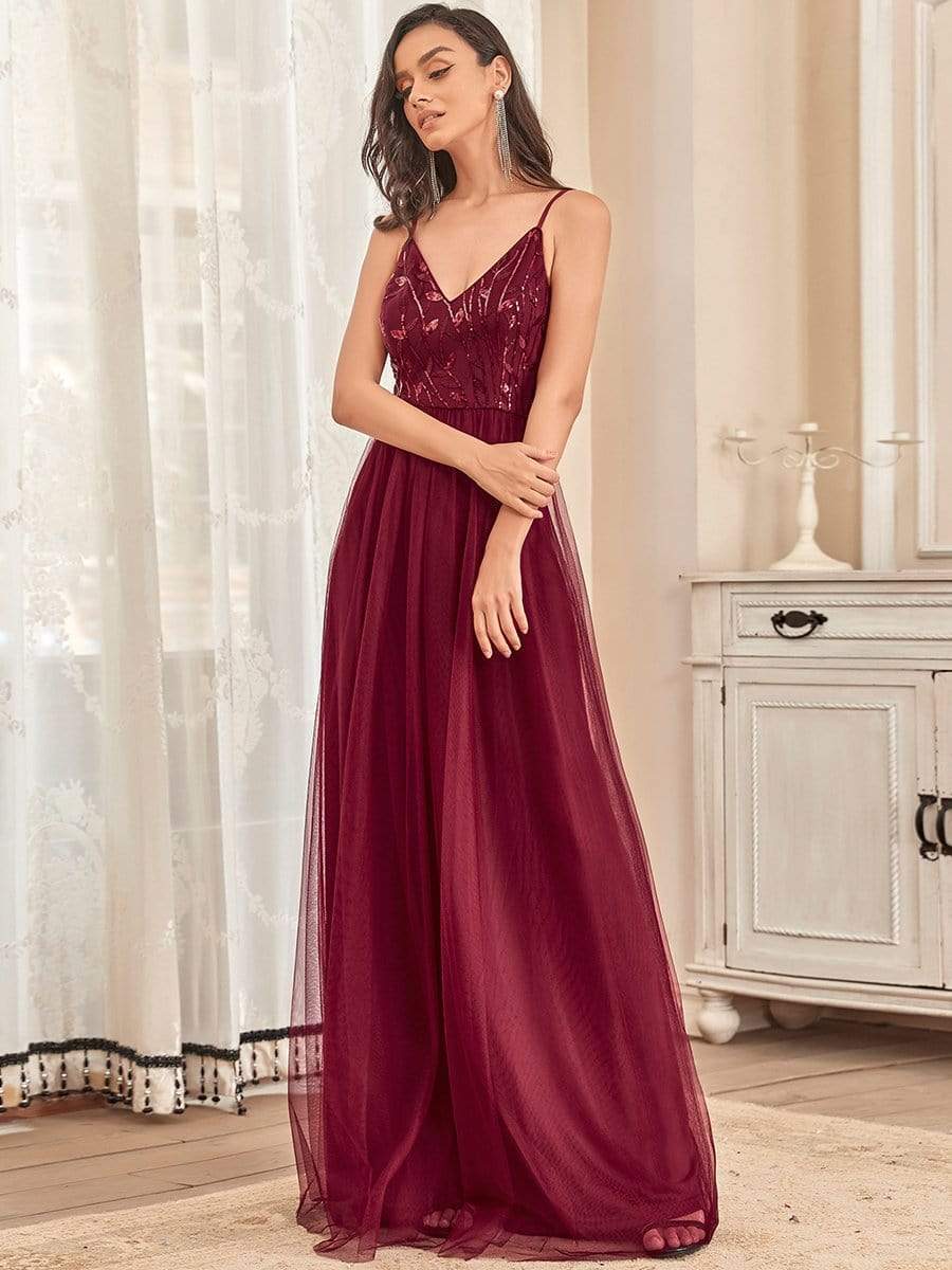 Soft Spaghetti Straps V-Neck Embroidery Evening Dress